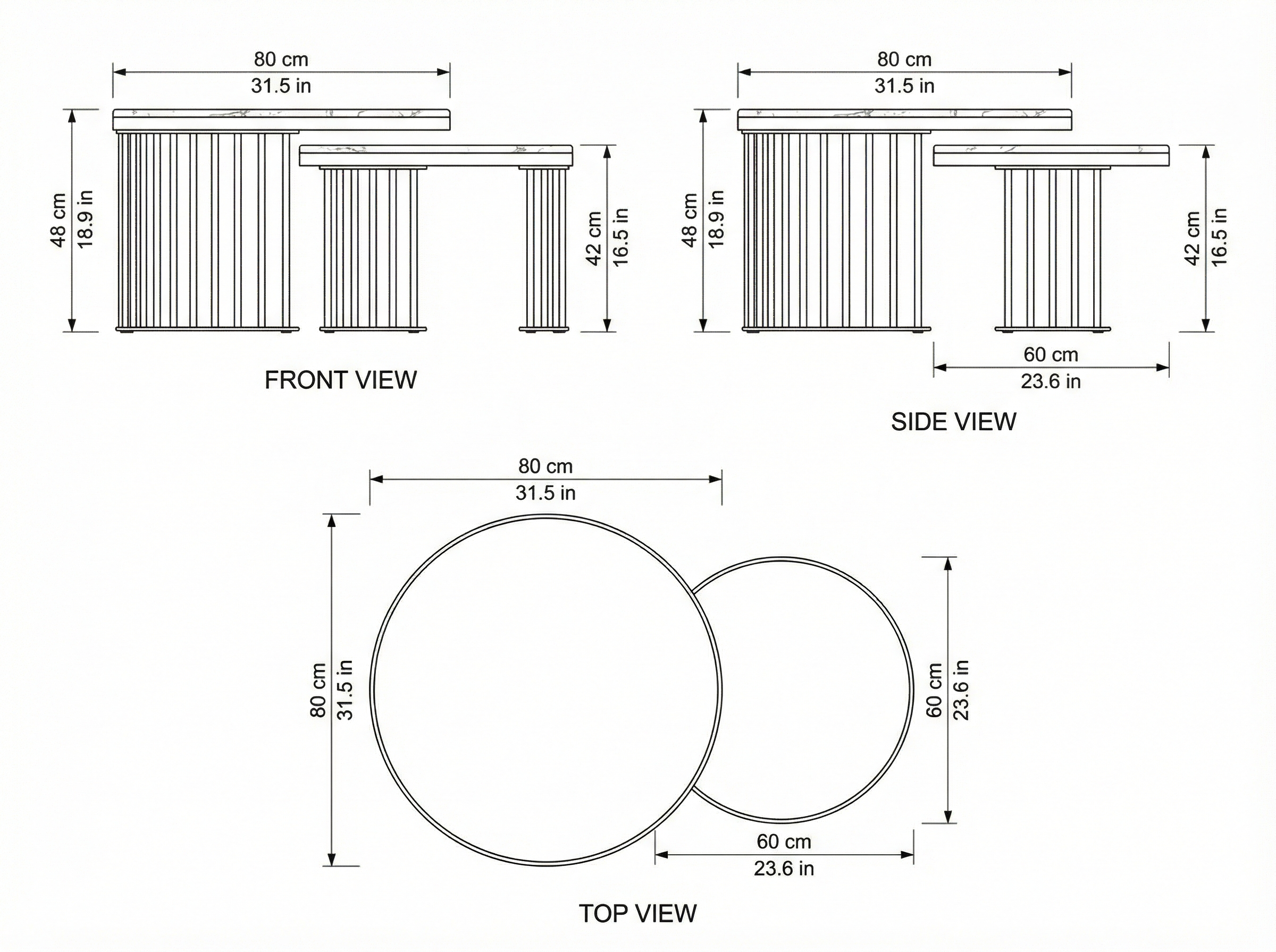 Roswell Coffee Table Set dimensions