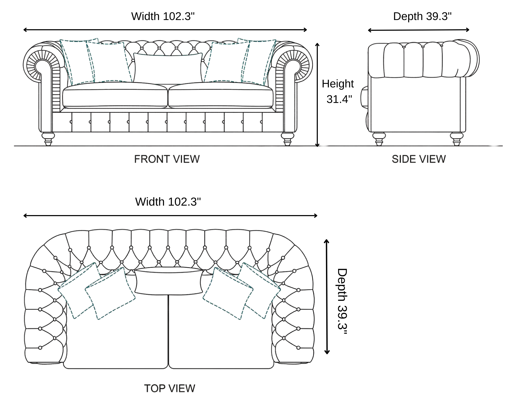 Athens Chesterfield Sofa dimensions