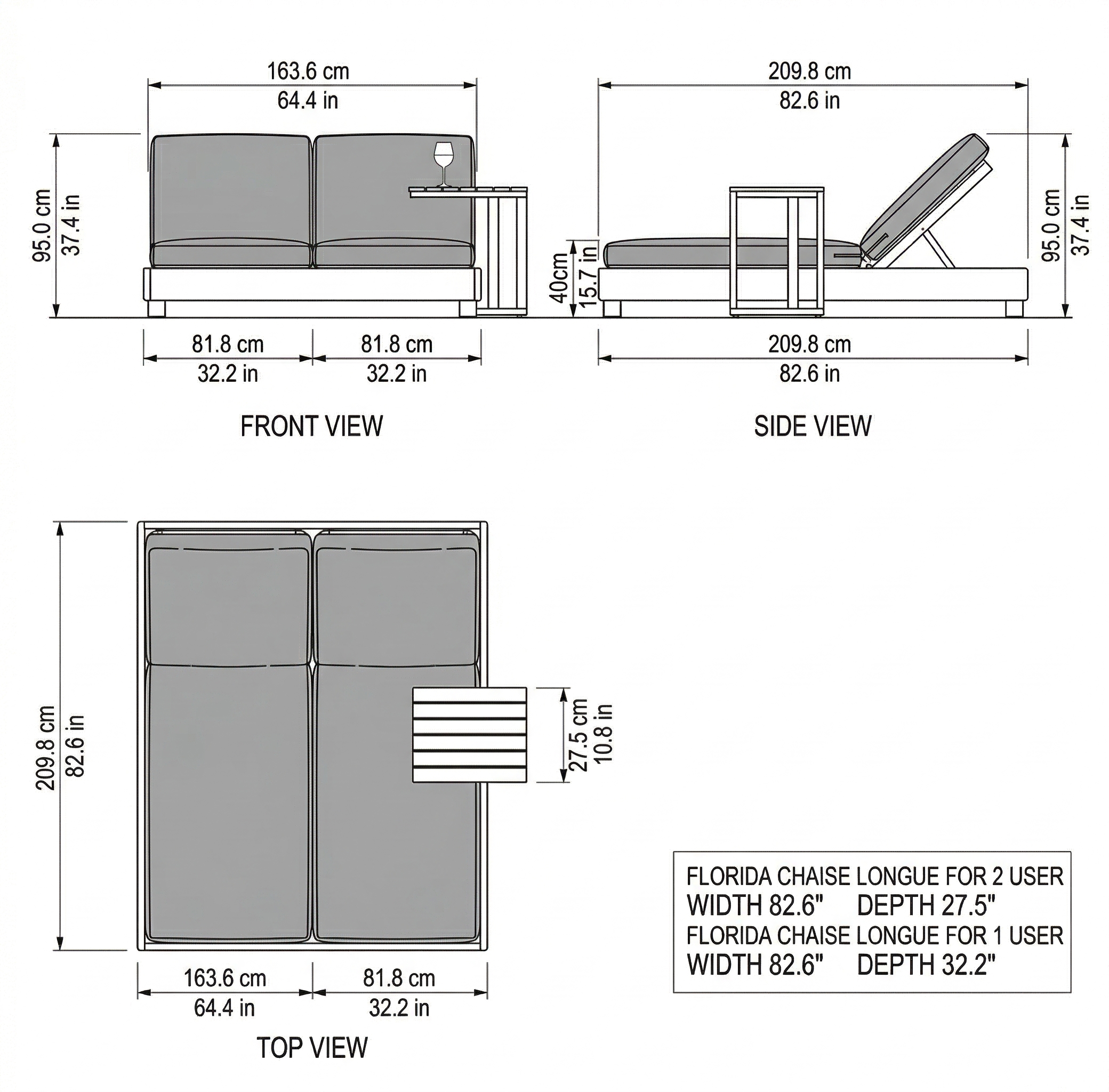 Florida Chaise Longue Set dimensions