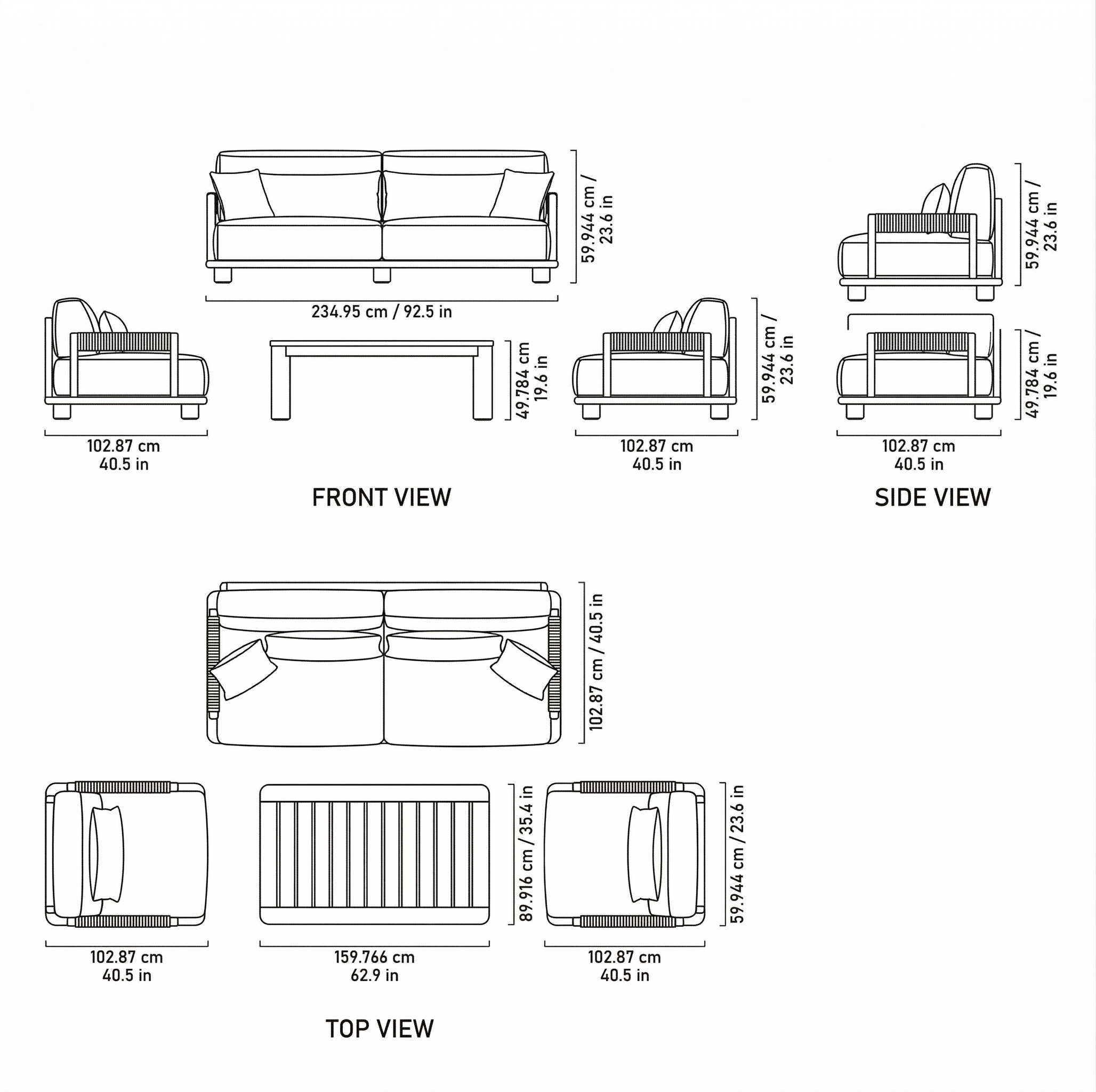 Olivia Outdoor Sofa Set dimensions