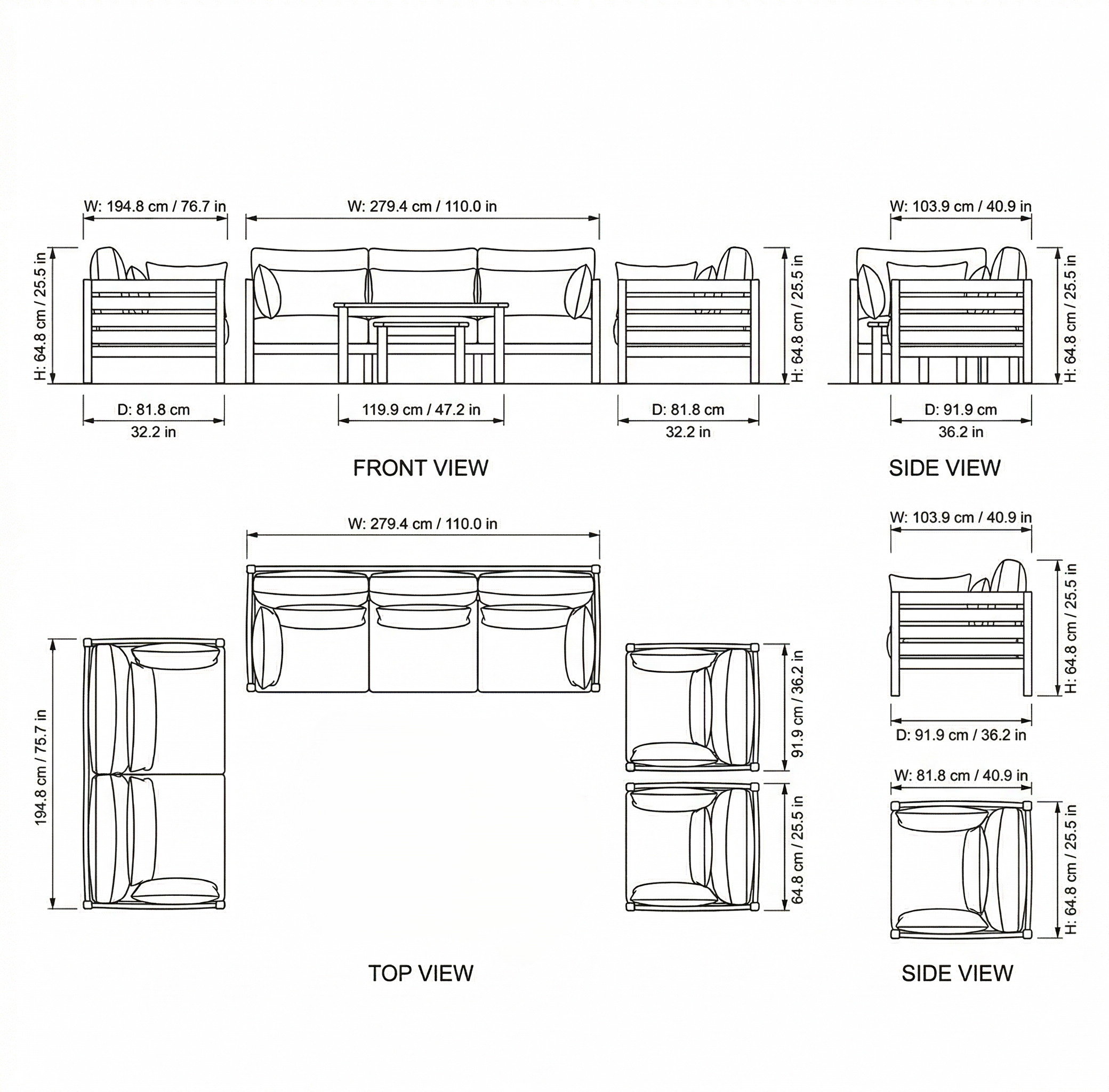 Gloster Outdoor Sofa Set dimensions