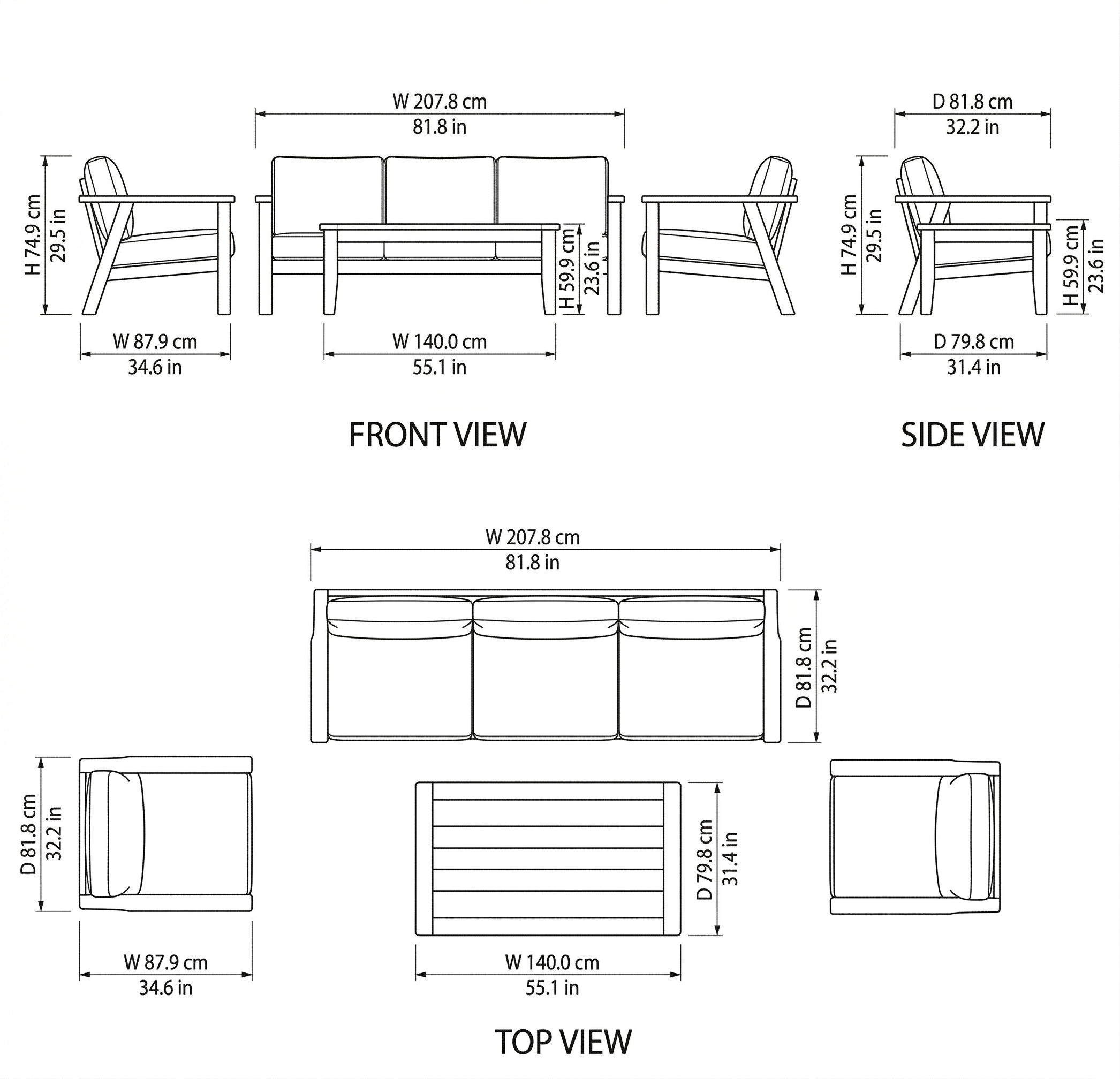 Bianca Outdoor Sofa Set dimensions
