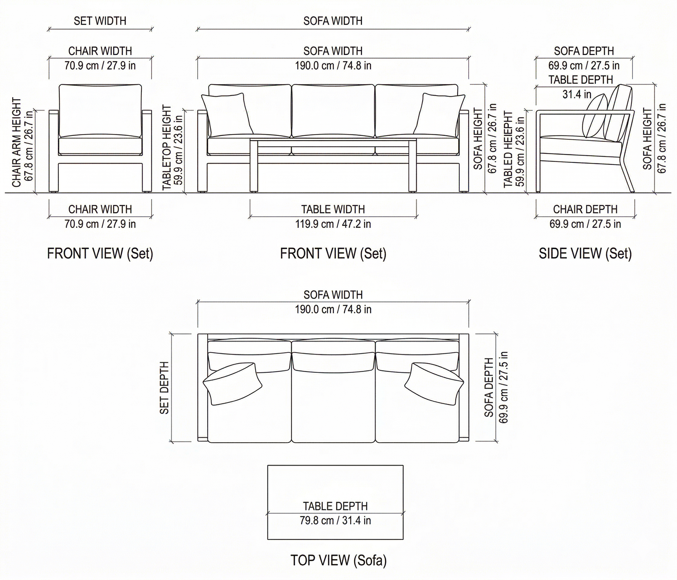 Austin Outdoor Sofa Set dimensions